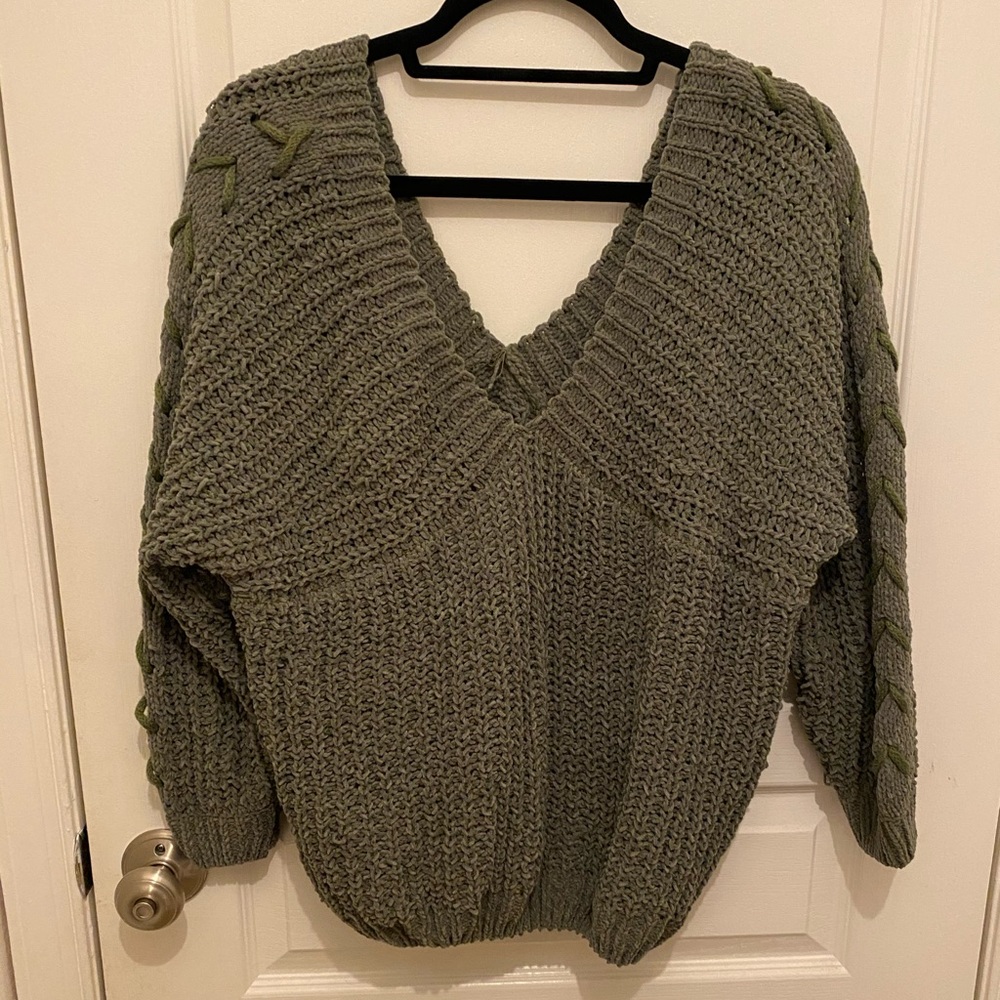 Olive green braided sleeve sweater